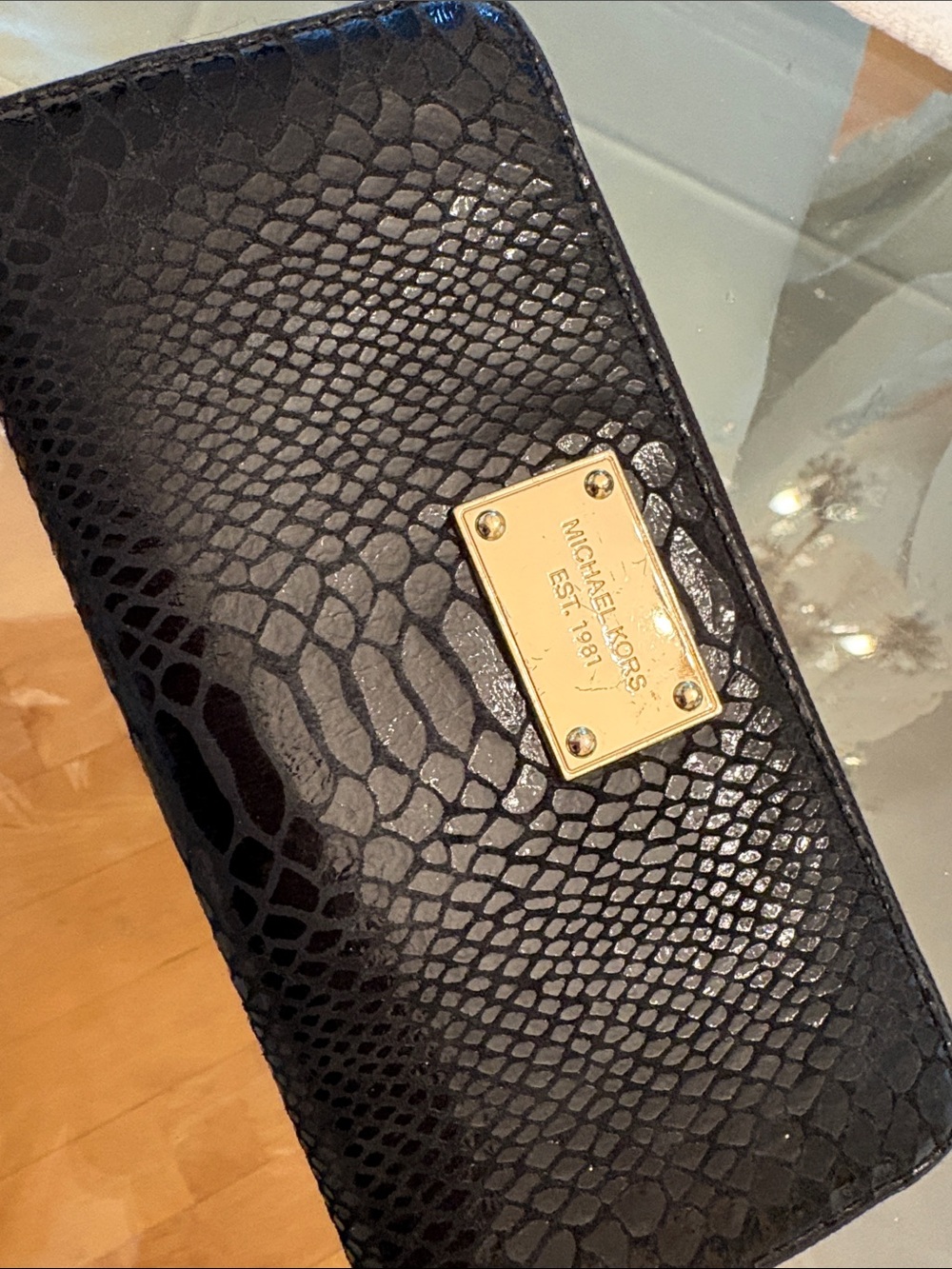 Michael Kors Black Snake-Embossed Leather Wallet with Gold Plaque